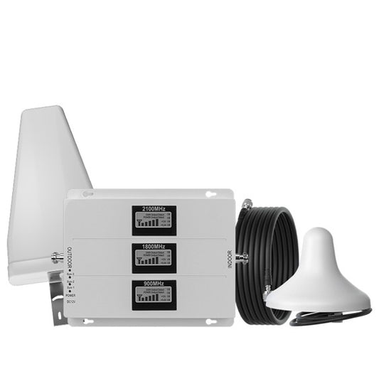Tri-Band Cell Phone Signal Booster for Office Buildings - 900/1800/2100MHz, 65-75dBi Gain, Covers 300㎡+, Supports 4-10 Indoor Antennas